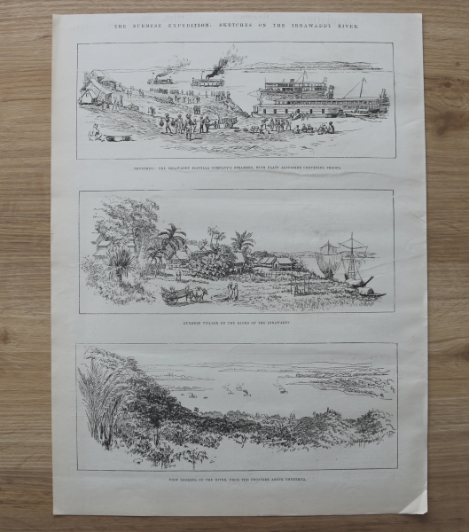 Wood Engraving Burmese 1885 Expedition Sketches Irrawaddy river